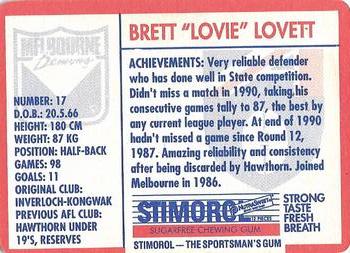 1991 Scanlens Stimorol #37 Brett Lovett Back